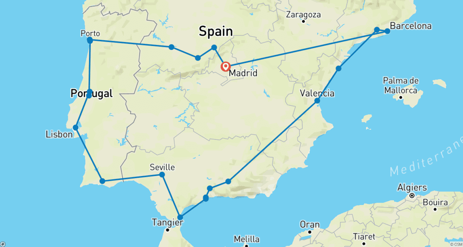 Mapa trasy: Najlepsze z Hiszpanii i Portugalii (Klasyczna, Letnia, Zakończenie w Madrycie) (21 miejsc docelowych)
