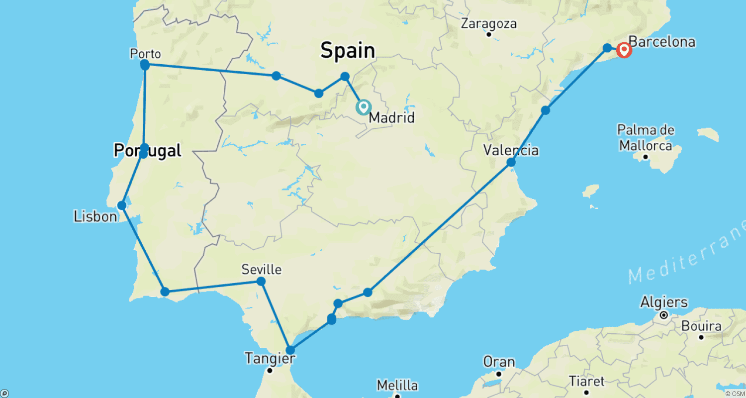 Mapa trasy: Najlepsze z Hiszpanii i Portugalii (Classic, Winter, End Barcelona) (20 destynacji)