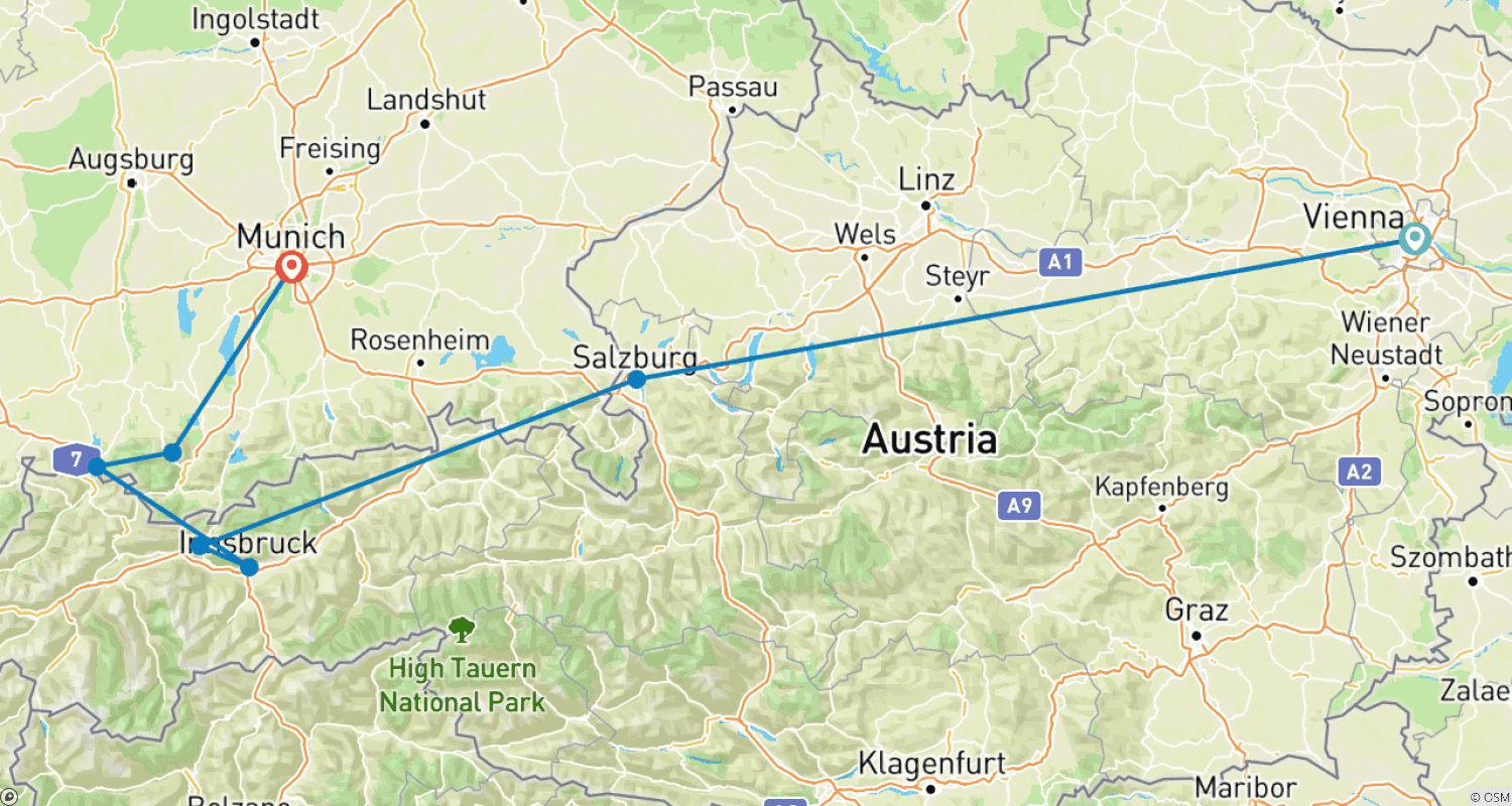 Mapa trasy: Jarmarki Bożonarodzeniowe Austrii i Bawarii (Klasycznie)