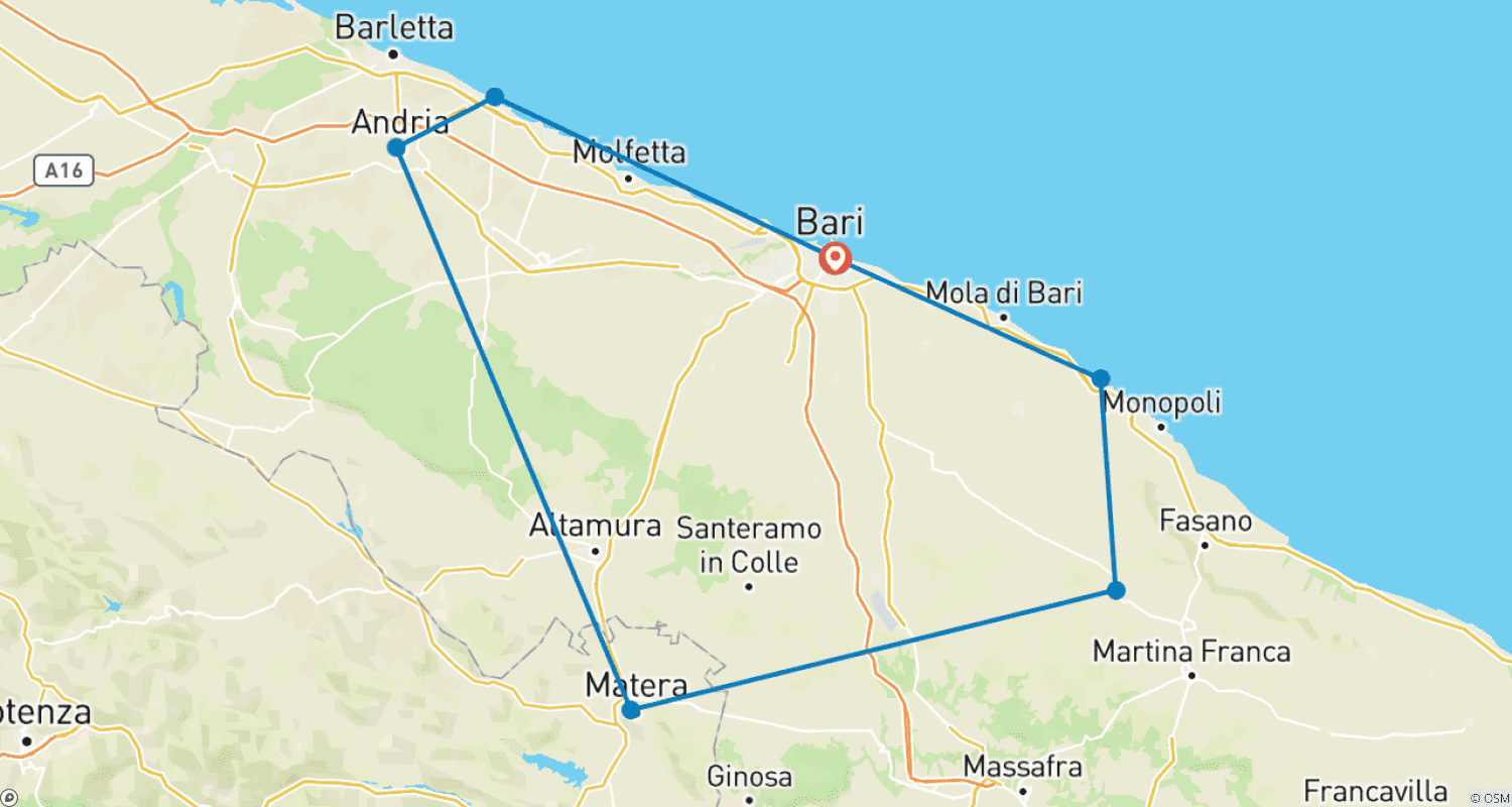 Puglia and Matera tour 5 days from Bari in small groupのルートマップ