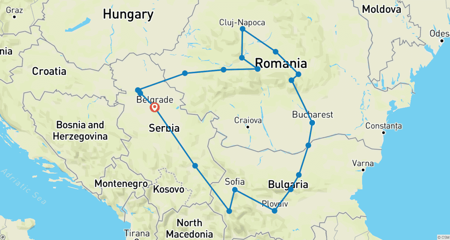 Mapa trasy: Serbia, Bułgaria i Rumunia; wycieczka półprywatna z dedykowanym opiekunem i samochodem