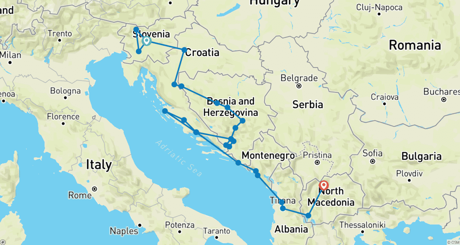 Mapa do percurso de 15 Days Private Balkan Tour -Slovenia Croatia Bosnia Montenegro Albania N. Macedonia