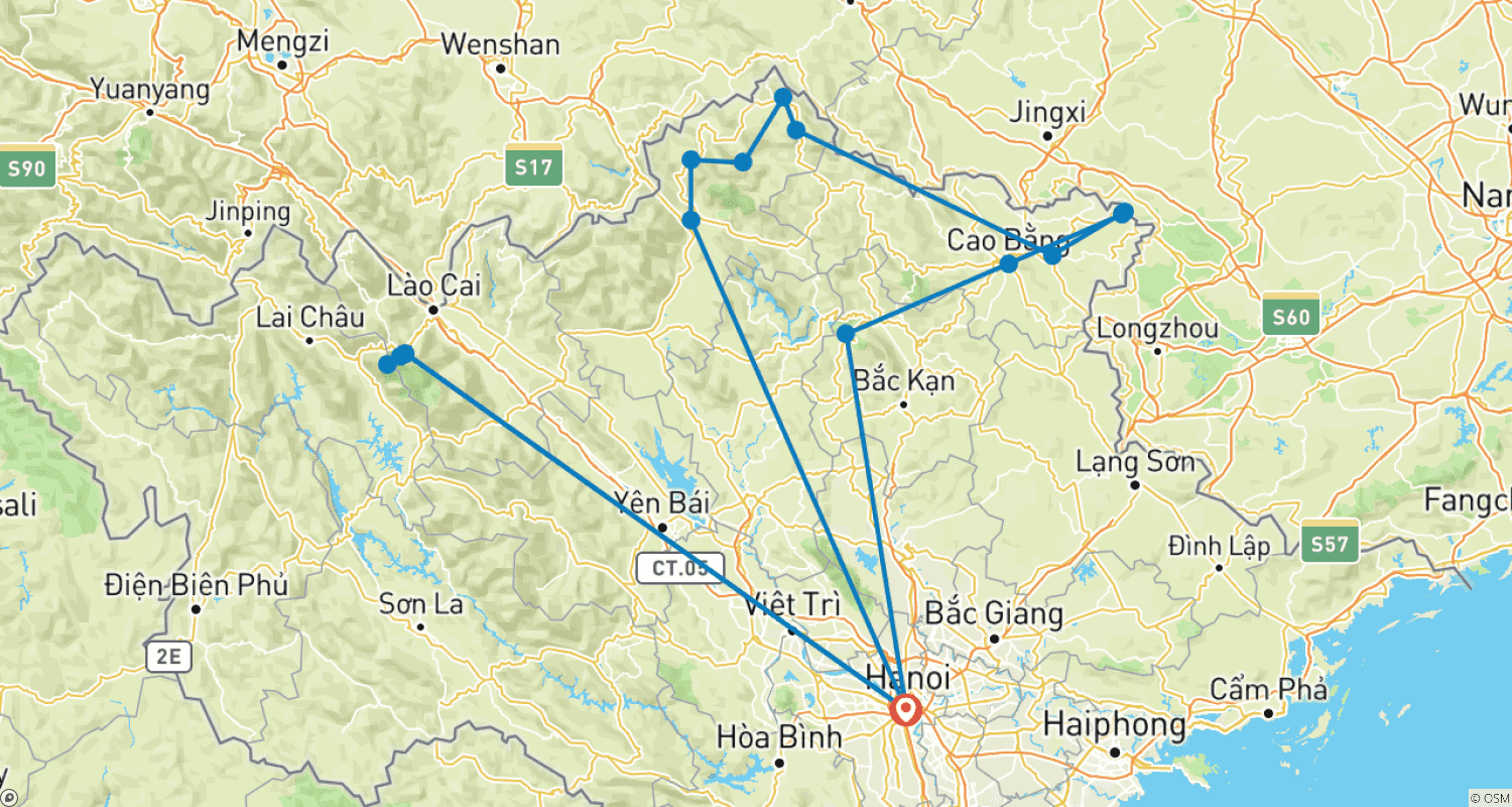 Mapa do percurso de Aventura pelo Circuito do Nordeste do Vietnã: Ha Giang – Ba Be – Sapa – Fansipan | 7 Dias/6 Noites