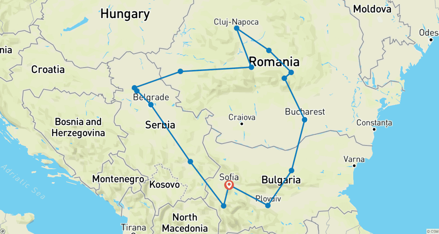 Mapa do percurso de Bulgária, Romênia e Sérvia; Tour Semi-Privado com Líder de Tour Dedicado e Carro