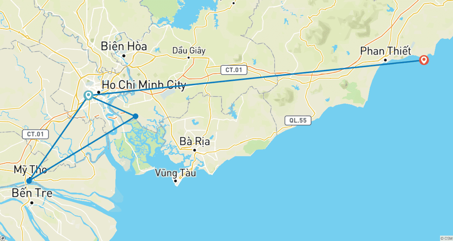 Mapa do percurso de Excursões Escolares e Viagens de Estudo Notáveis ao Vietnã do Sul: Túneis de Cu Chi, Delta do Mekong e Mui Ne