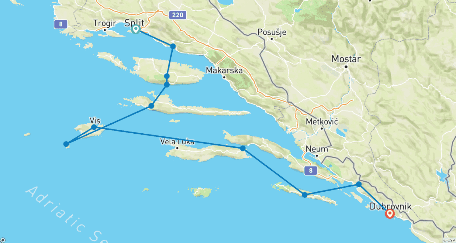 Mapa trasy: Split – Dubrownik, M/S Captain Bota 2025