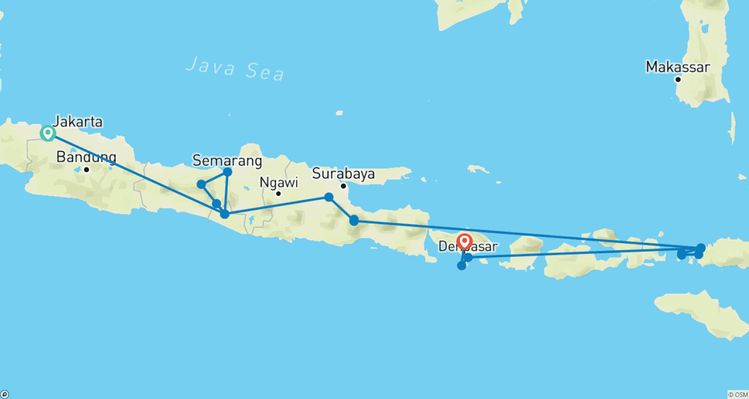 Mapa do percurso de Destaques da Indonésia: Melhores Passeios pelas 3 Ilhas de Java, Bali e Komodo