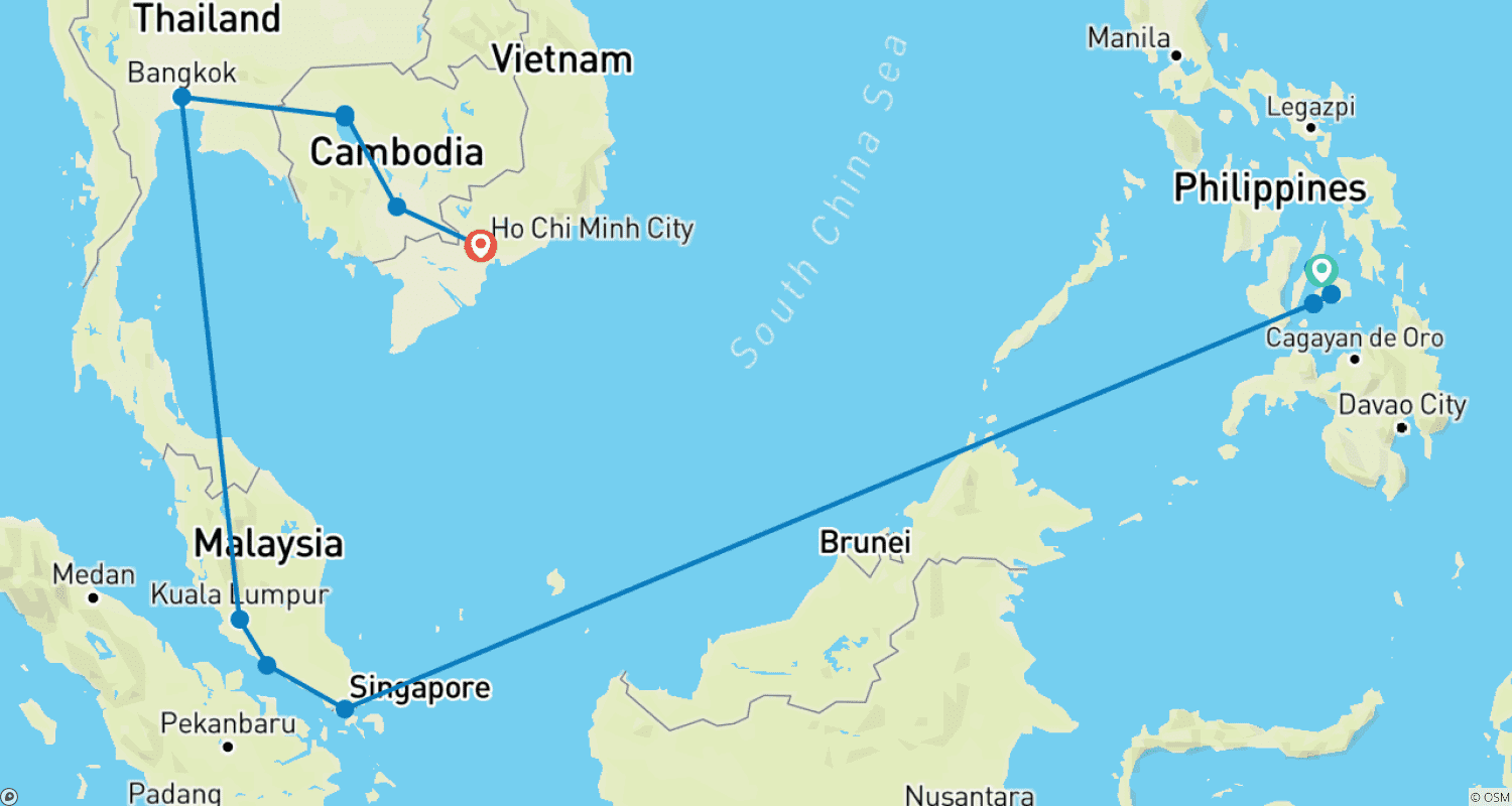 Mapa do percurso de Por Toda a Ásia: Estadias em Ilhas, Noites na Cidade e Vistas de Templos