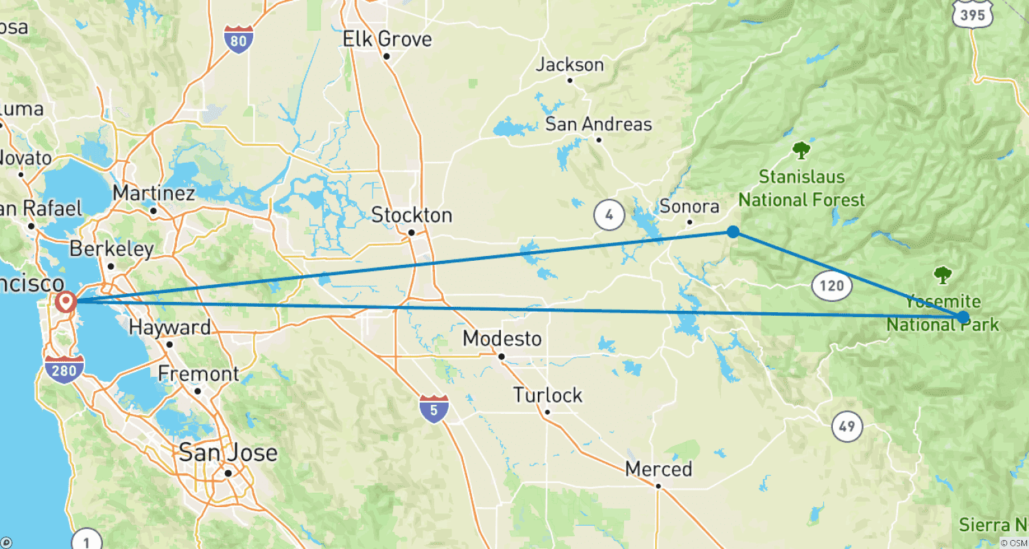 Mapa trasy: Yosemite Escape Lodging — 3 dni