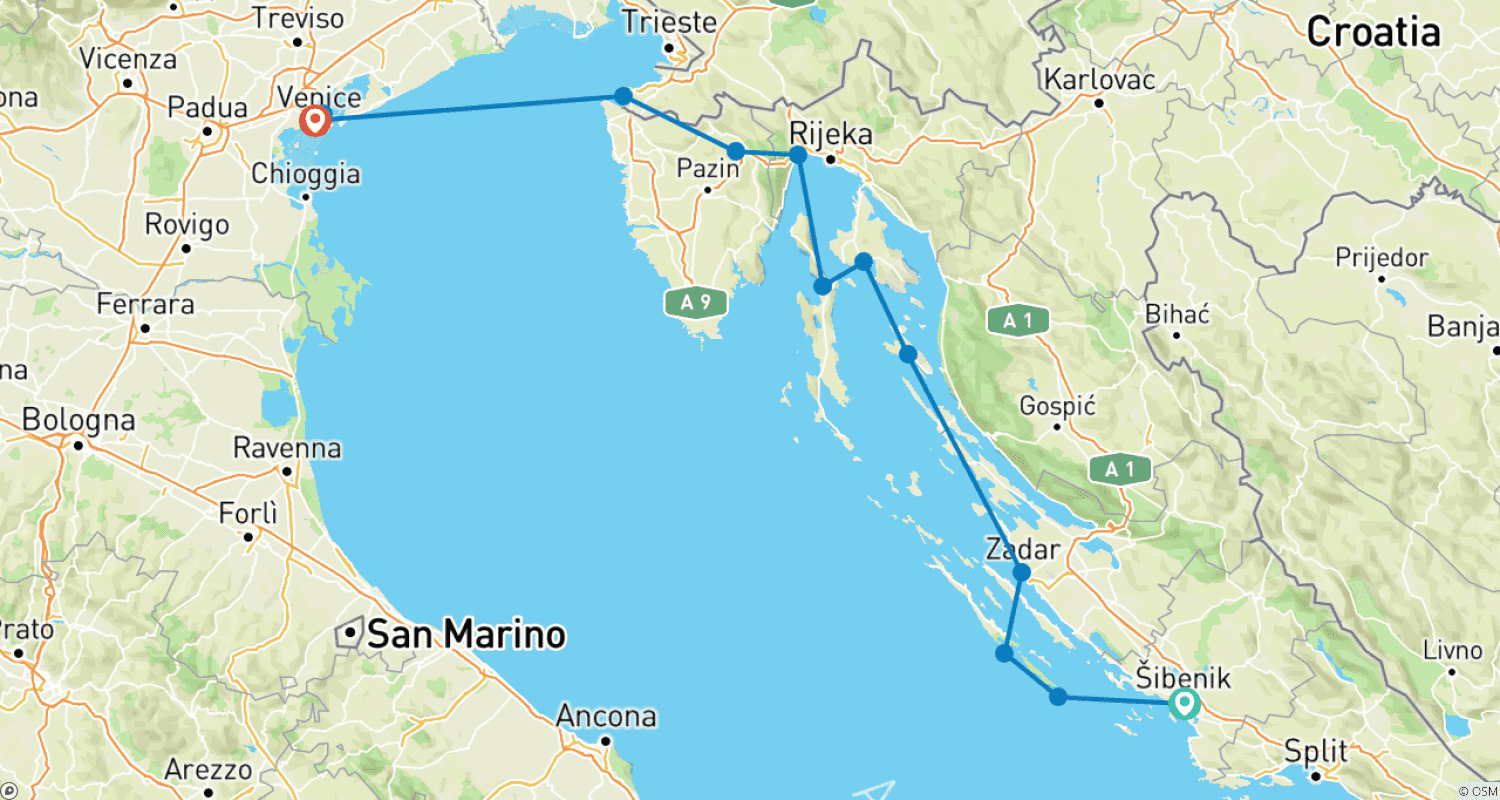 خريطة مسار Venice and Croatian Islands Cruise (Split to Venice)