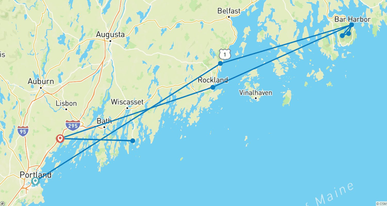Mapa trasy: Wędrówka po wybrzeżu Maine z Portland, Acadia i Zatoką Penobscot (Portland, ME do Freeport, ME) (2027)