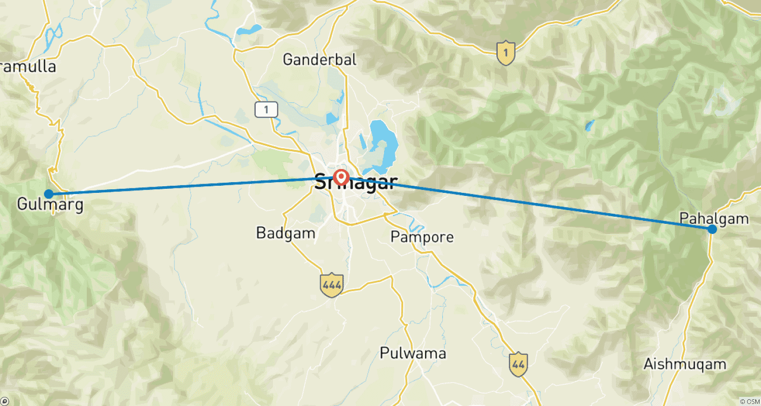 Mapa do percurso de Srinagar com Viagem de um dia para Gulmarg / Pahalgam