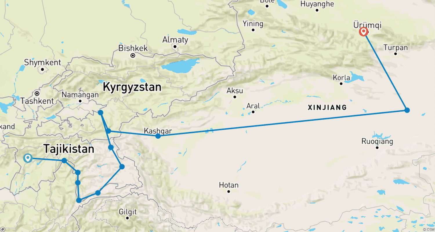 Mapa do percurso de Uma Odisseia Extraordinária pela Rota da Seda - Aventura do Tajiquistão à China
