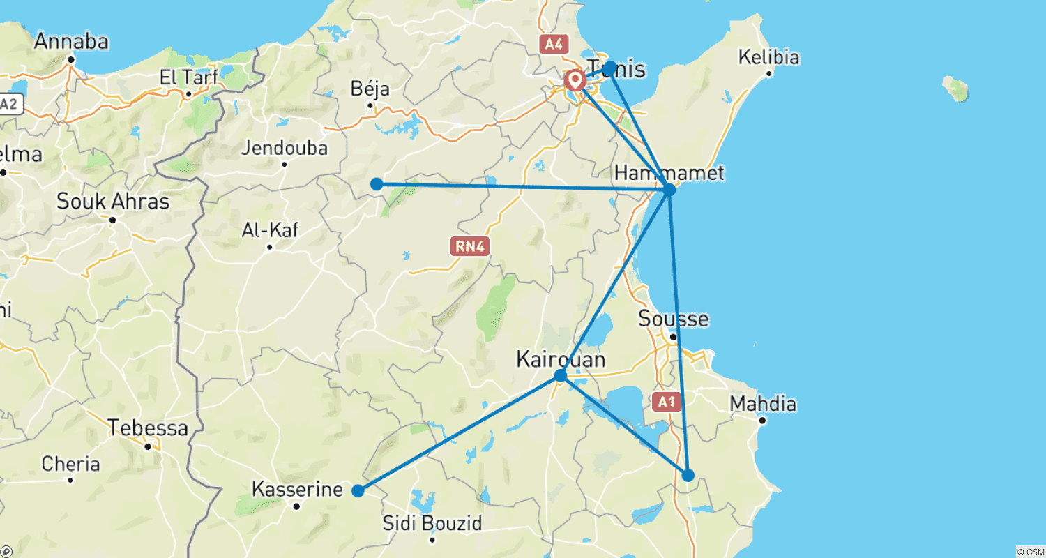 Mapa do percurso de Tunisia – 8 Days Highlights Tunis Hammamet Kairouan