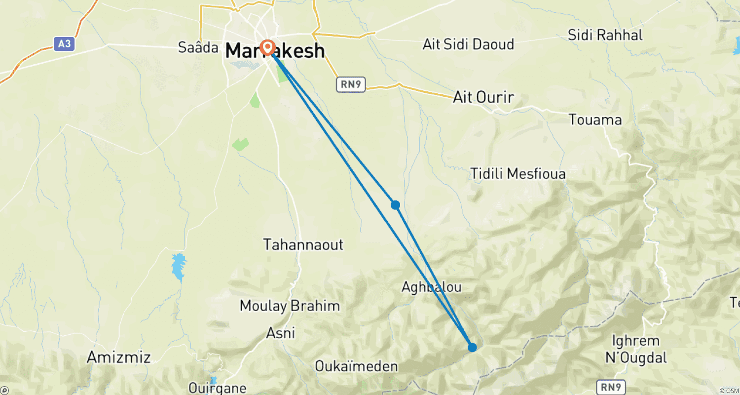 Mapa trasy: Gravelowa wycieczka rowerowa po Górach Atlas – 5-dniowa przygoda z Marrakeszu