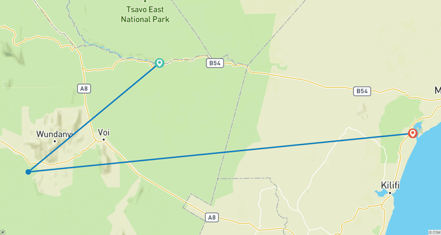 Mapa do percurso de Safari de 3 Dias em Tsavo East Partindo de Mombasa