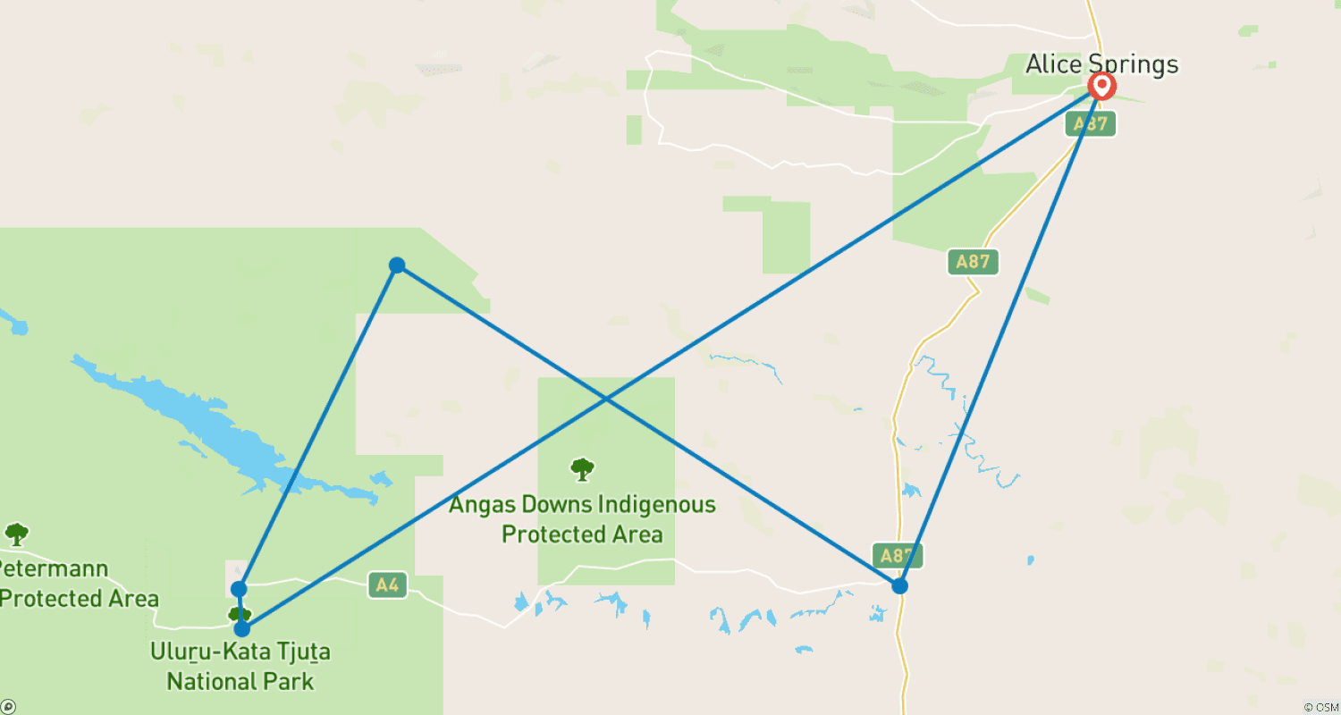 Mapa do percurso de Kings Canyon e Uluru (Escapada Curta)