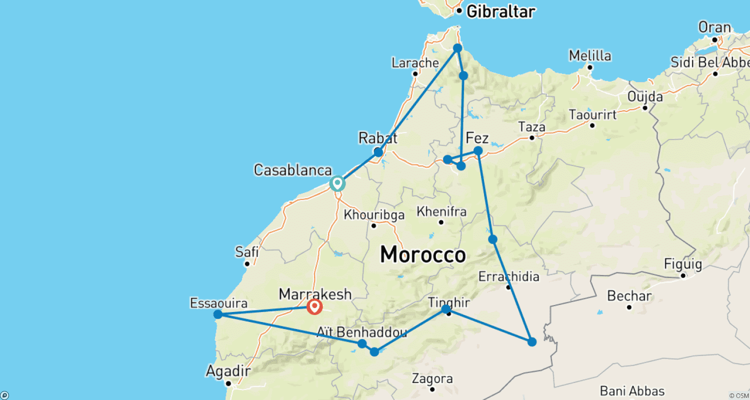Mapa do percurso de CASABLANCA to MARRAKECH (14 days) Morocco Encompas