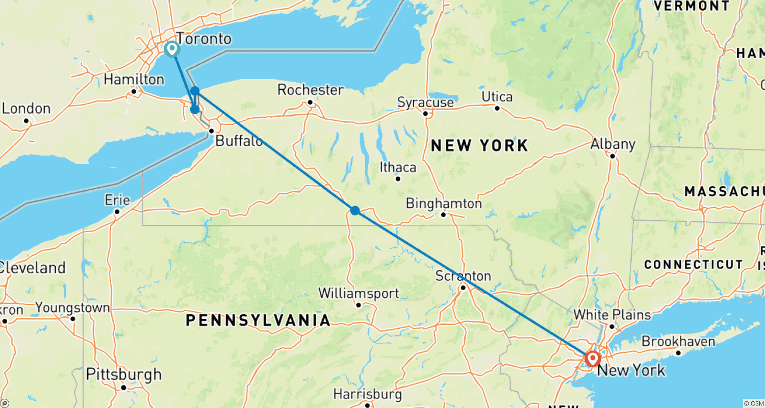 Mapa trasy: Toronto, Niagara i Nowy Jork
