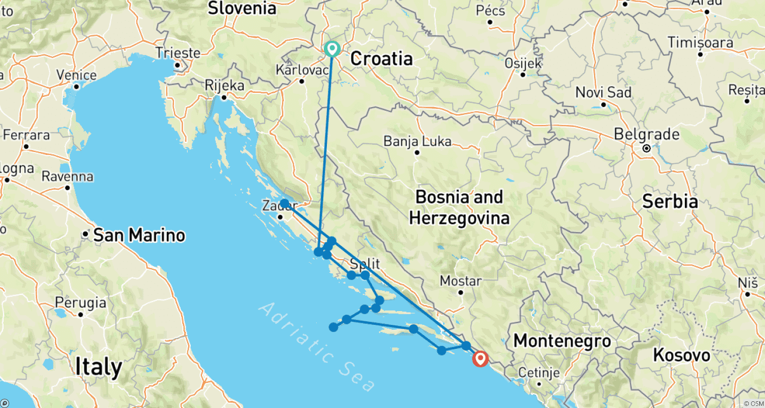 Mapa trasy: Chorwacja i jej wyspy: Rejs małym statkiem po Wybrzeżu Adriatyckim (z Zagrzebia do Dubrownika) (2026)