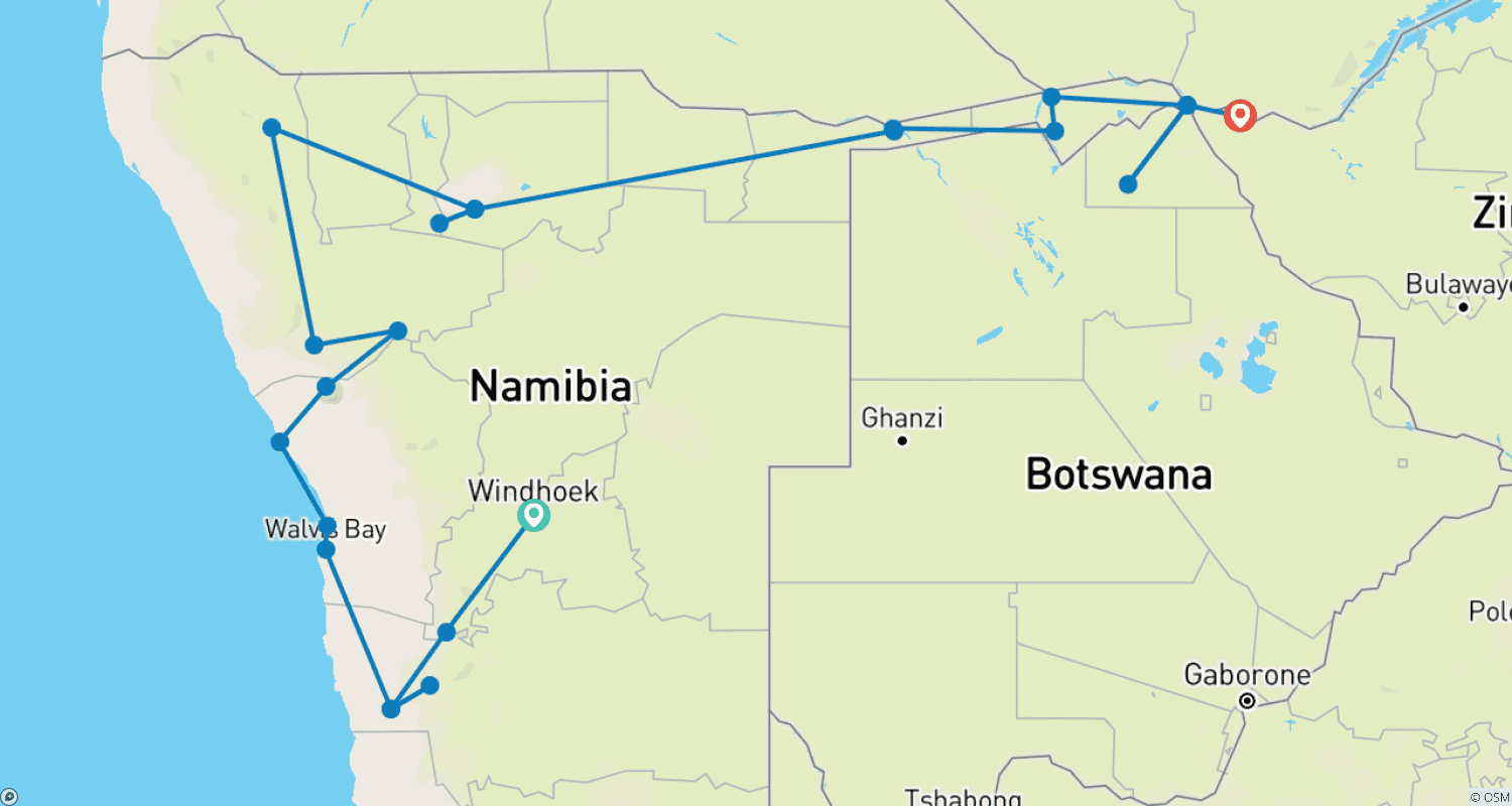 Mapa do percurso de Aventura de 15 Dias na África Austral: Tour de Vida Selvagem e Cultura