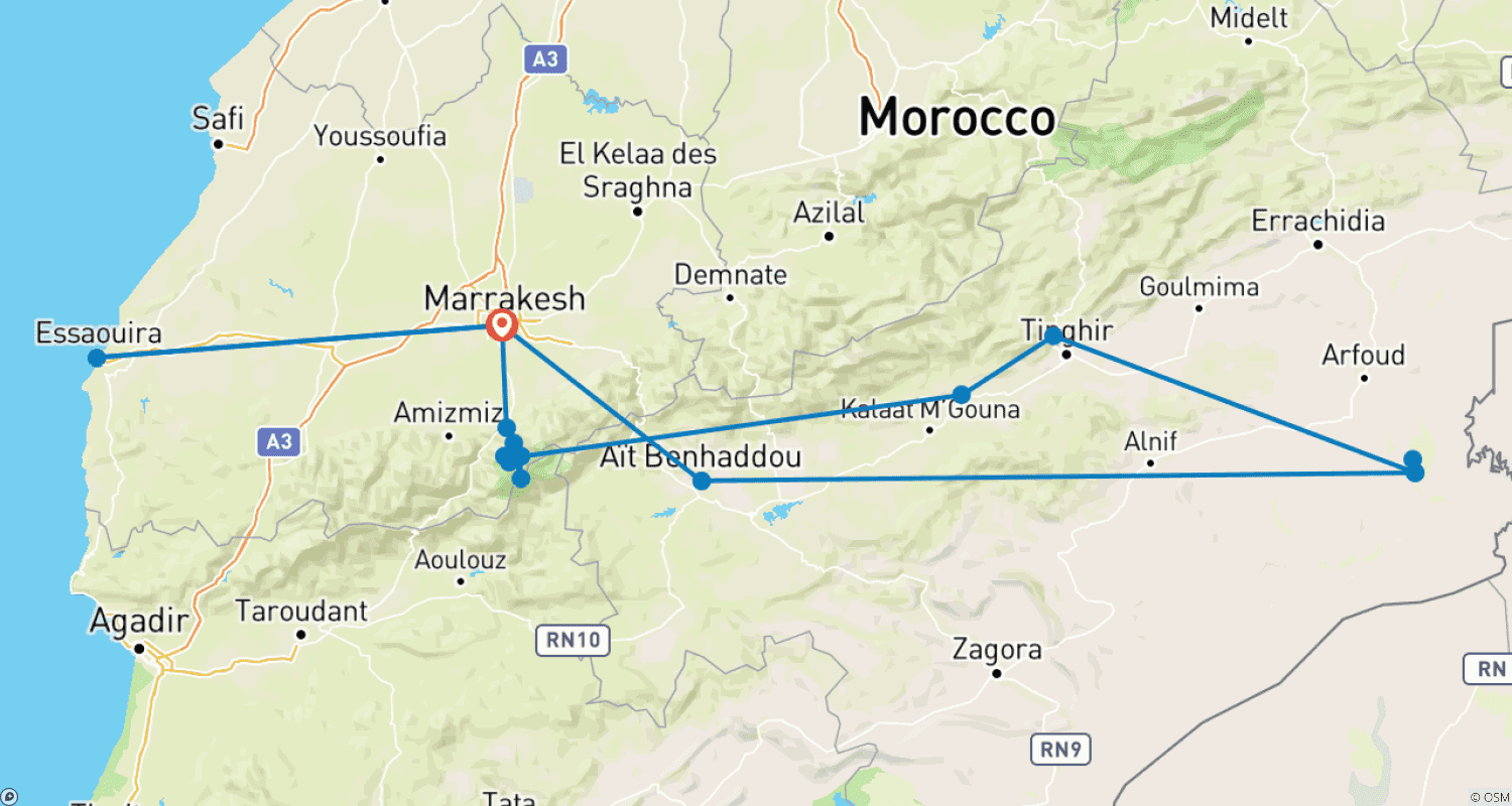 Mapa do percurso de 10 dias de Marraquexe - Montanhas do Atlas_ Deserto do Saara _Essaouira