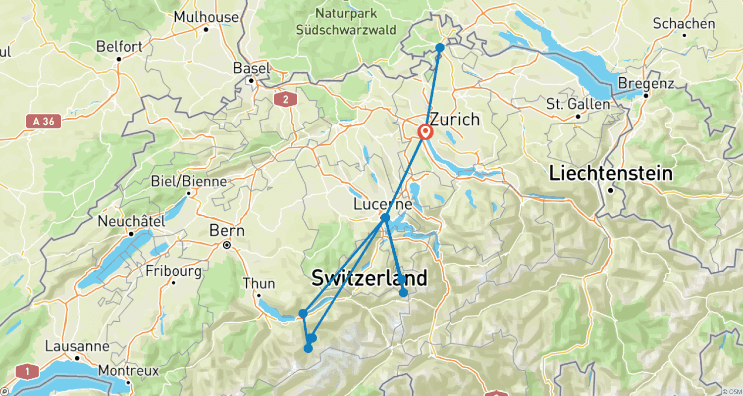Mapa trasy: 5-dniowa wycieczka do Szwajcarii (noclegi w Lucernie i Zurychu)