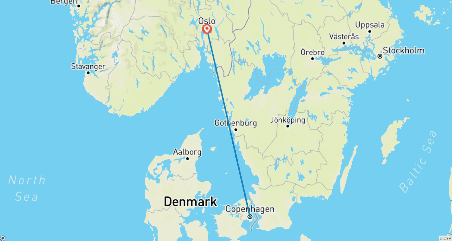 Mapa do percurso de Copenhaga e Oslo: Hygge, Vikings e Vibrações Escandinavas