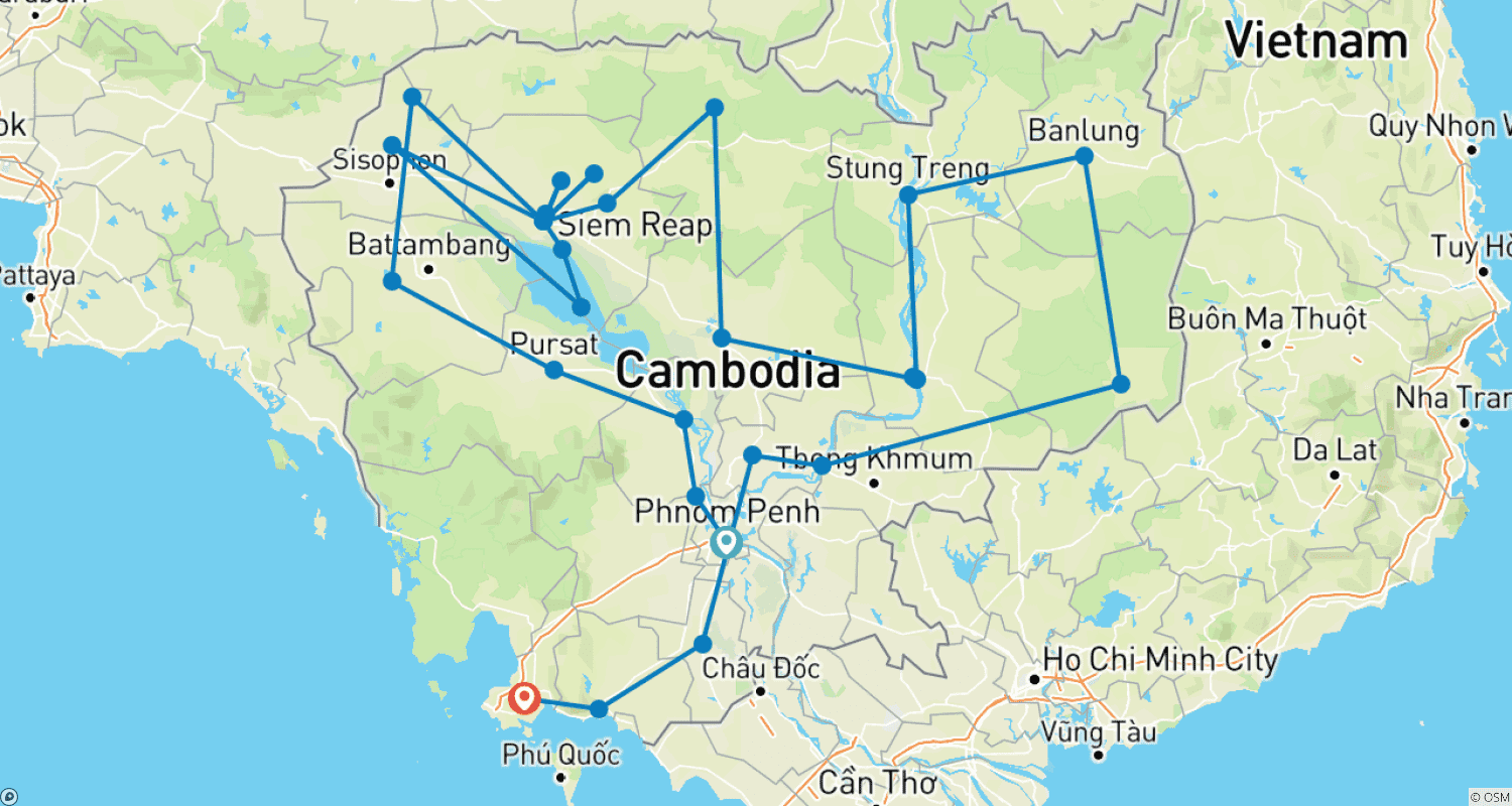 Mapa do percurso de Grande Descoberta do Camboja: Excursão Privada de 22 Dias por Herança, Planaltos e Costa