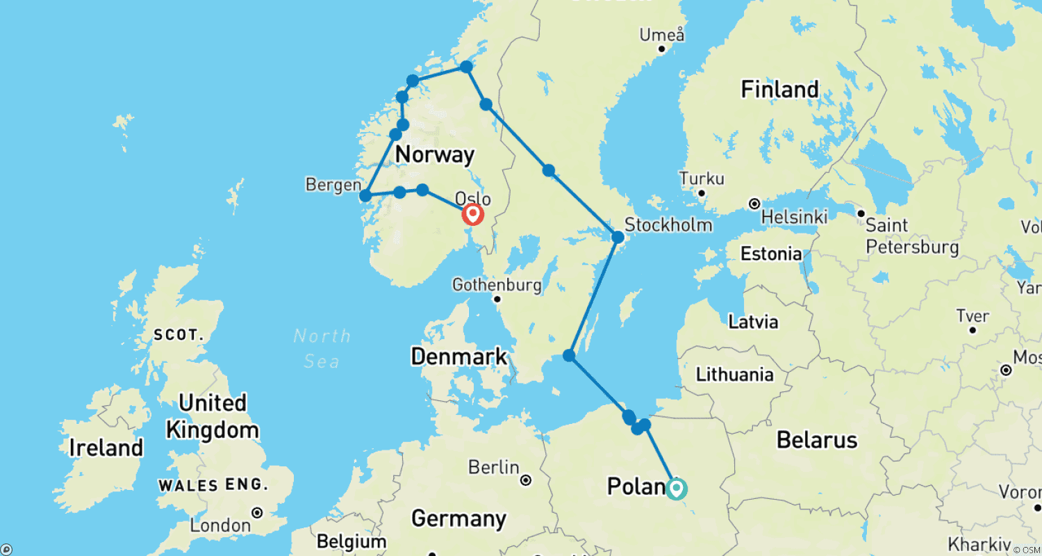 خريطة مسار Fabulous Poland and Fjords End Oslo