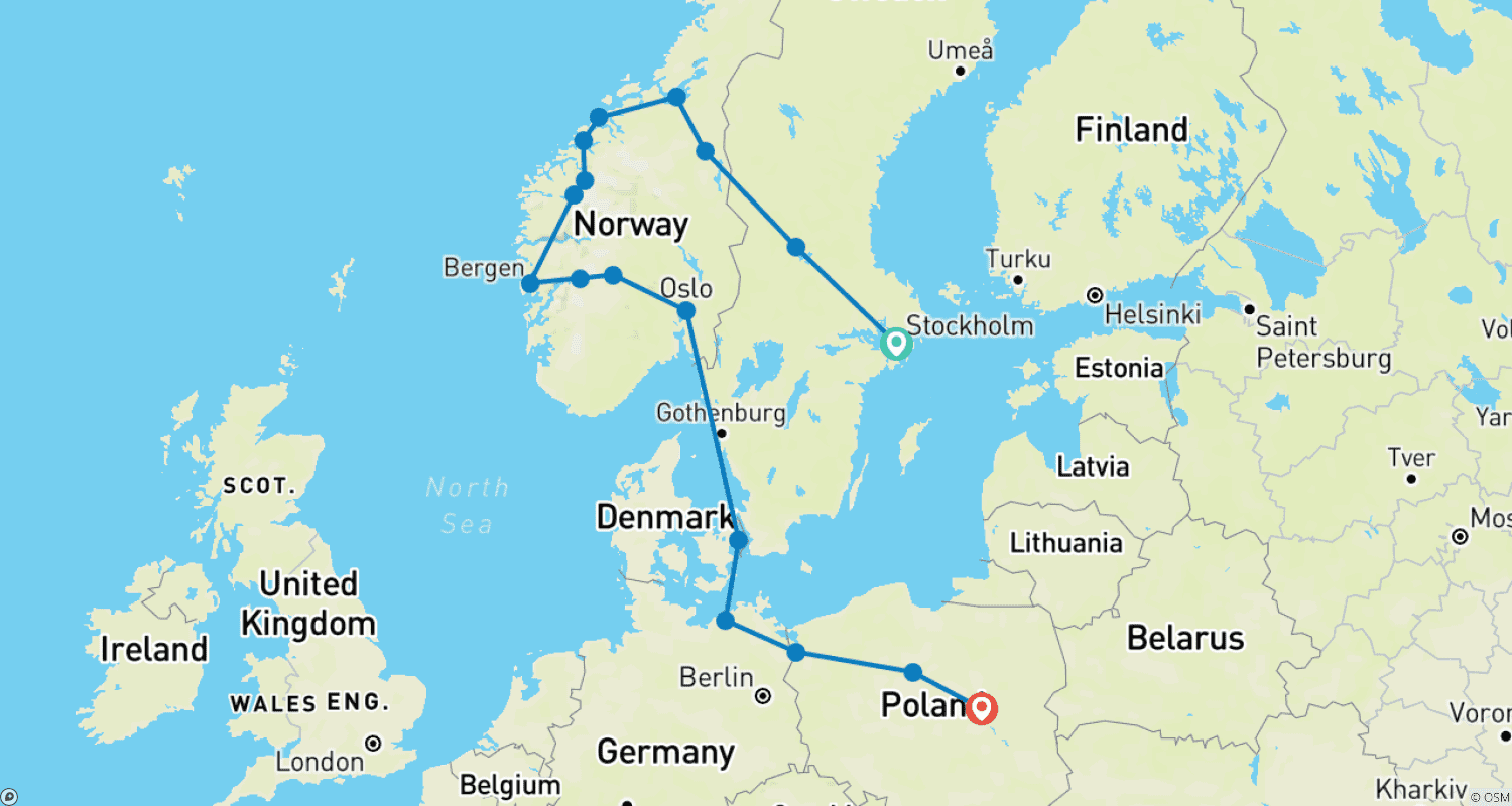 Mapa trasy: Legendarnie fiordy i Północna Polska — zakończenie w Warszawie