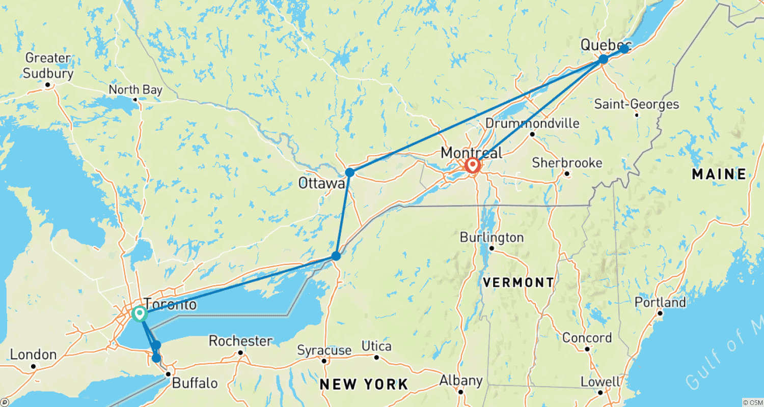 Mapa trasy: Najlepsze miasta Wschodniej Kanady z Wodospadem Niagara, Ottawą, Quebec City i Montrealem (z Toronto, ON do Montrealu, QC) (2026)
