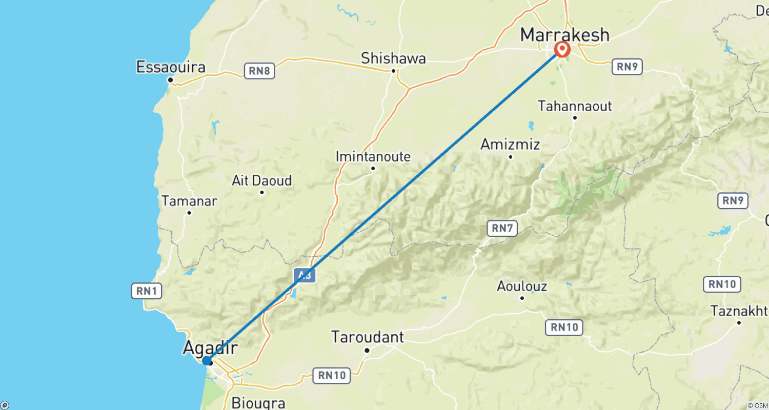 Mapa do percurso de Excursão de um dia de Sandboard de Marraquexe para Agadir