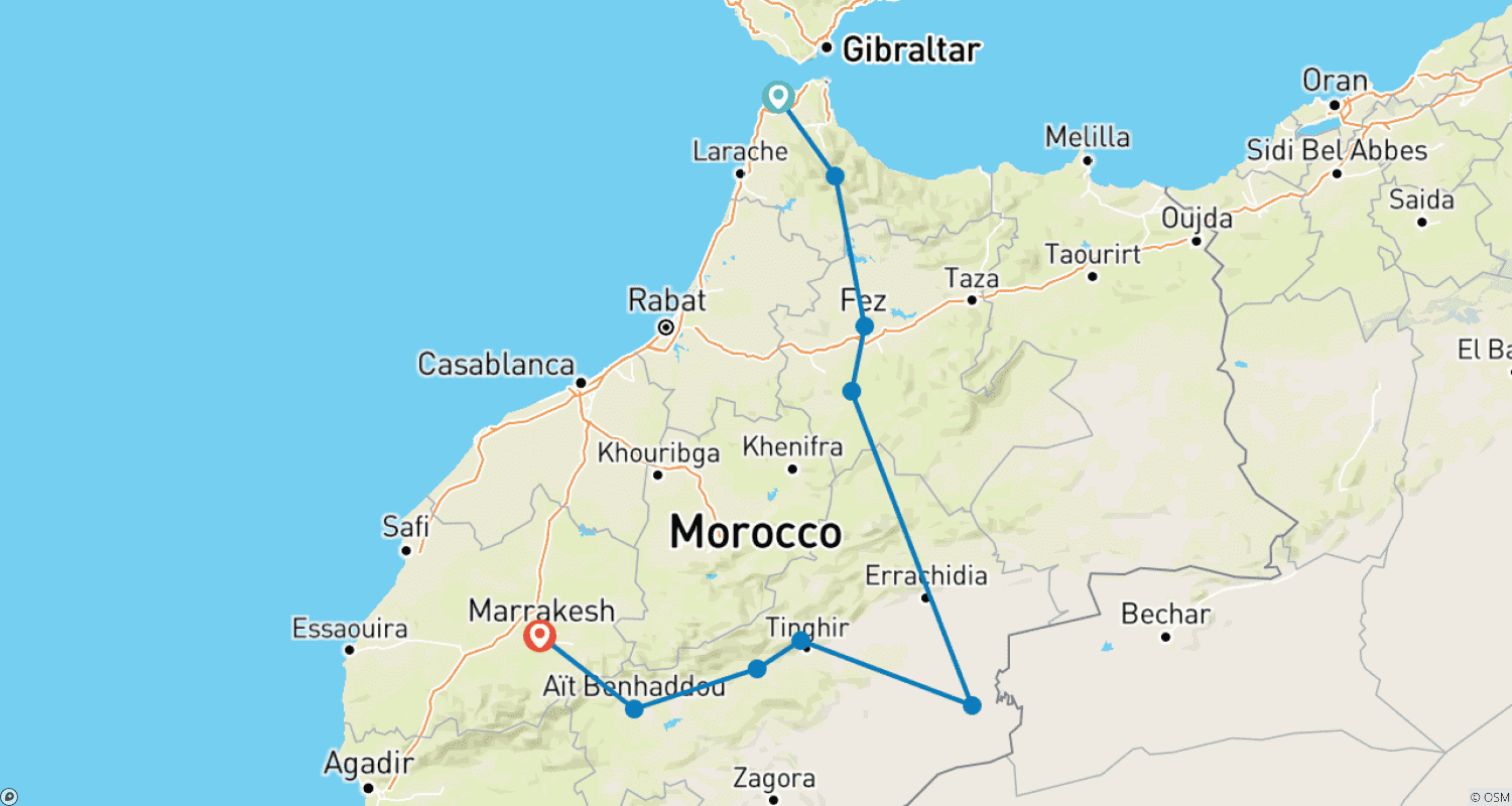 Mapa trasy: Wycieczka z Tangeru do Marrakeszu 4 dni