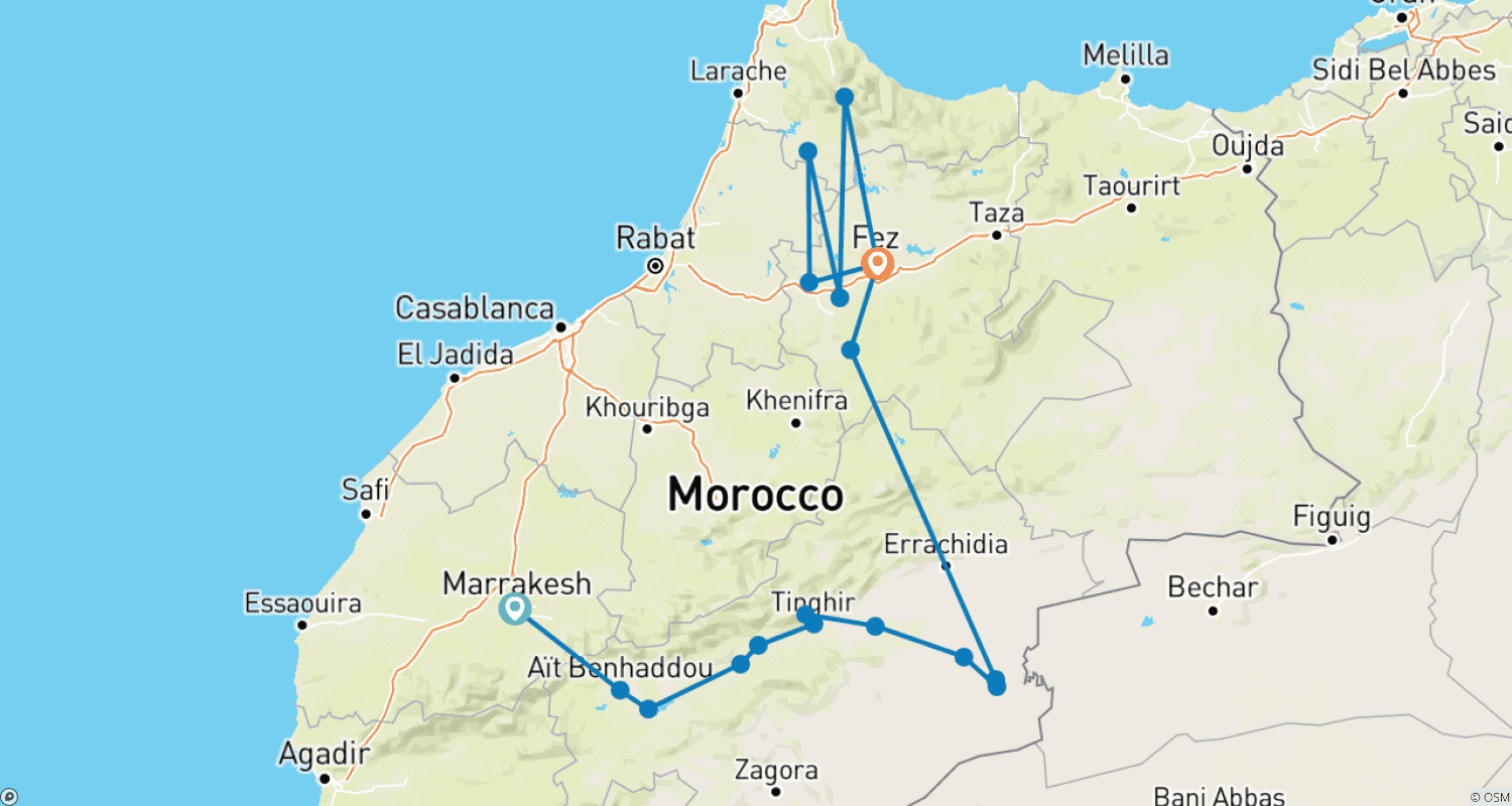 Mapa trasy: Desert Tour From Marrakech To Chefchaouen