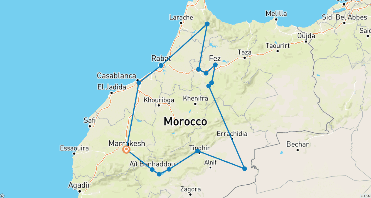 Mapa do percurso de Desert Tour From Casablanca To Chefchaouen 7Days End In Marrakech