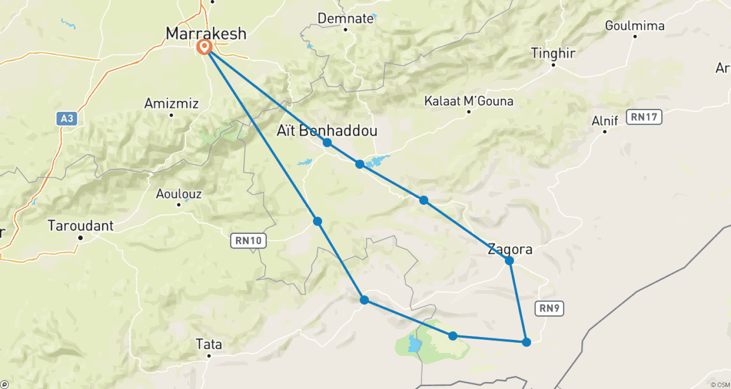 Mapa do percurso de Experiência no Deserto Marraquexe – Caminhada de Camelo 4 Dias