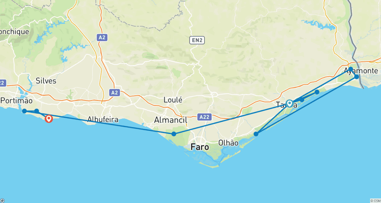 Mapa do percurso de Passeio de caminhada autoguiado pela costa do Algarve