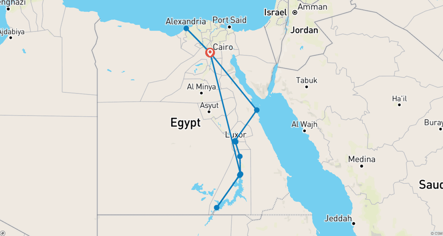 Unforgettable Egypt: 8 Nights of Pyramids, Nile Cruise, Alexandria & Hurghada by Flightのルートマップ