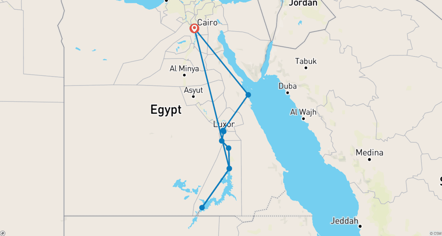 Mapa trasy: Ciesz się 6 nocami: Kair, Piramidy, Rejs po Nilu, Abu Simbel i Morze Czerwone samolotem