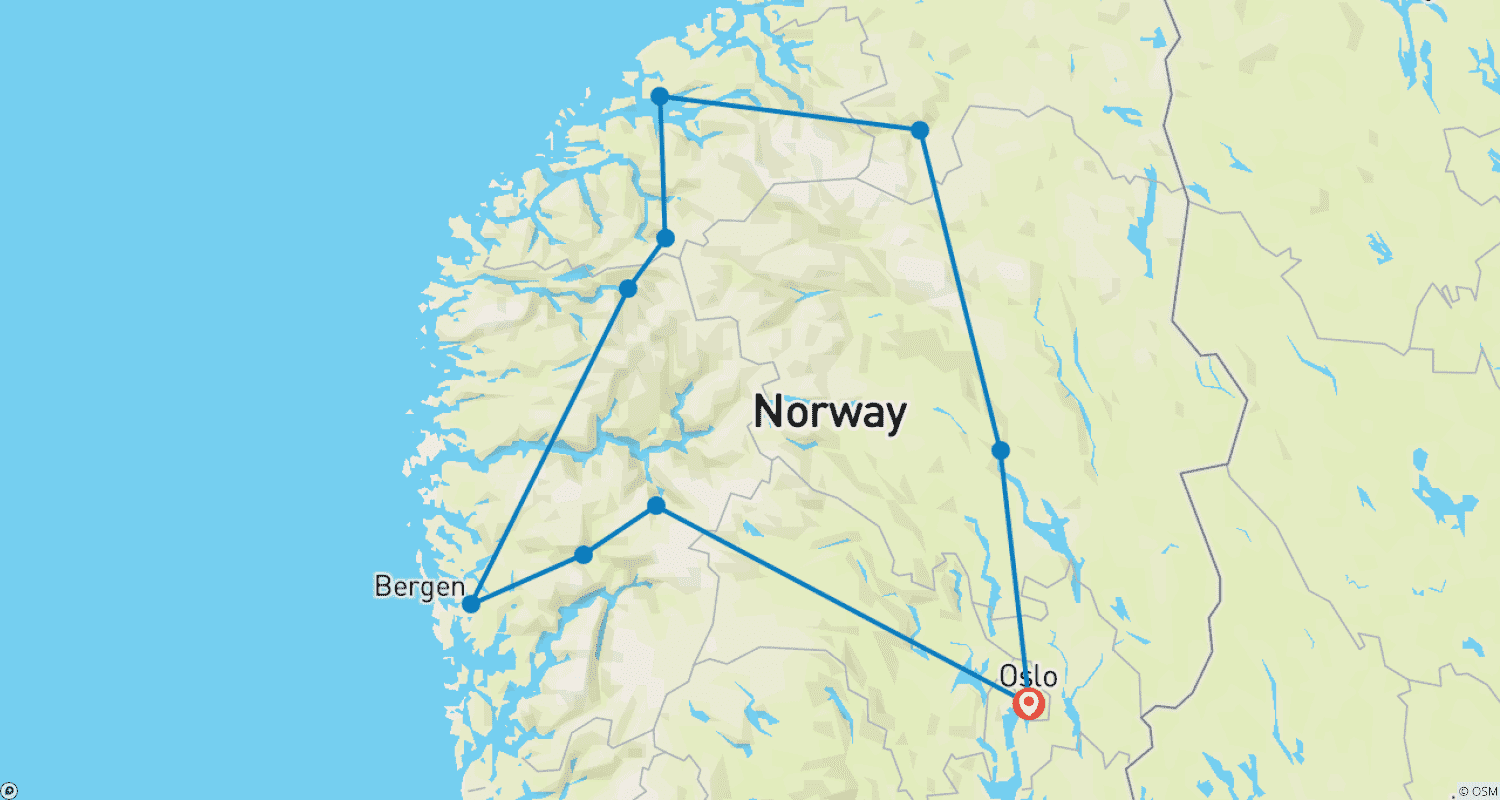 Mapa do percurso de Destaques da Noruega