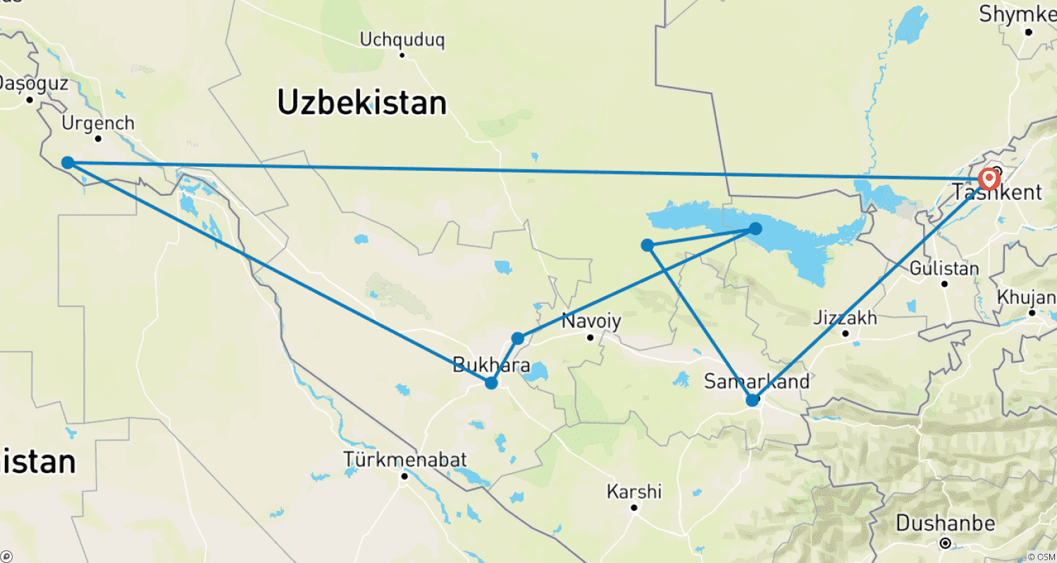 Mapa do percurso de Tour Cultural no Uzbequistão - 10 Dias