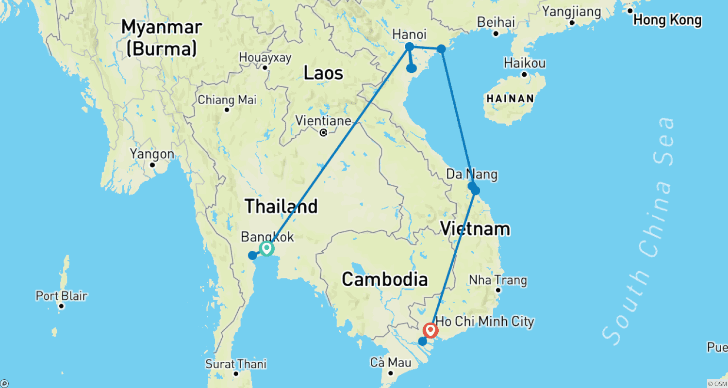 タイとベトナムの真髄 12日間のルートマップ