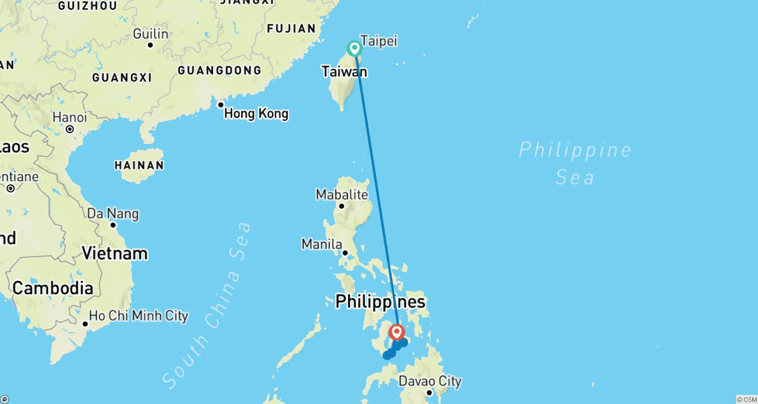 Mapa do percurso de Taiwan e Filipinas: A Selva Urbana Encontra a Aventura na Ilha