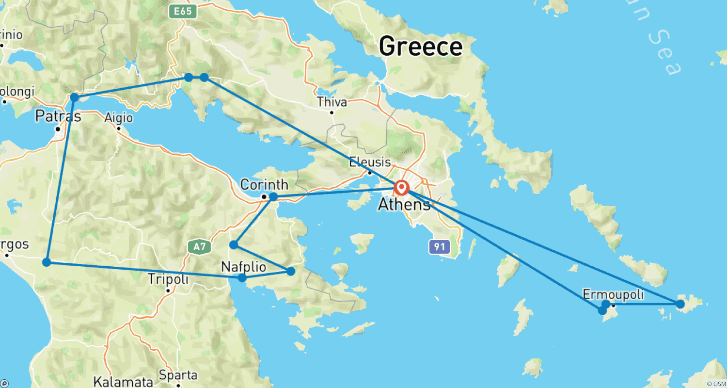 ギリシャ全土を巡る旅 - 本土を巡り、島々を発見するのルートマップ