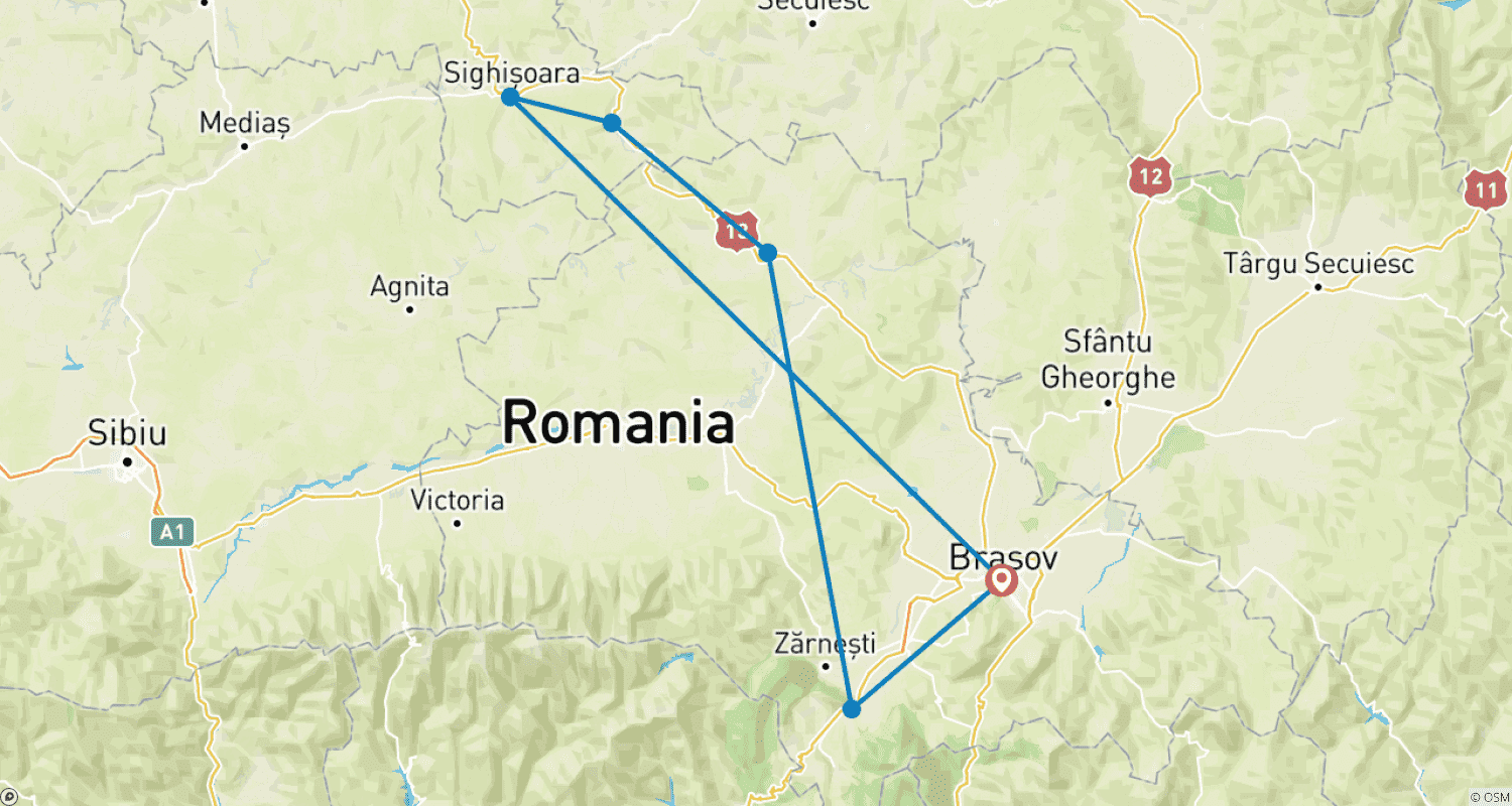 Mapa do percurso de 1 dia – Excursão Drácula – passeio de um dia de Brasov ao castelo de Bran e Sighisoara
