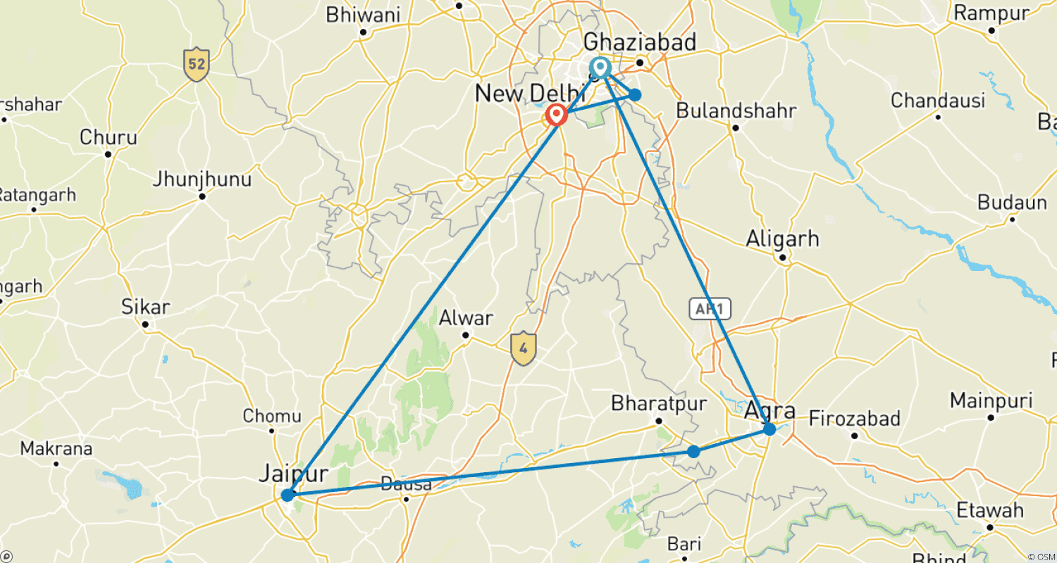 خريطة مسار 5 Day Golden Triangle Tour - Taj Mahal Sunset/Sunrise