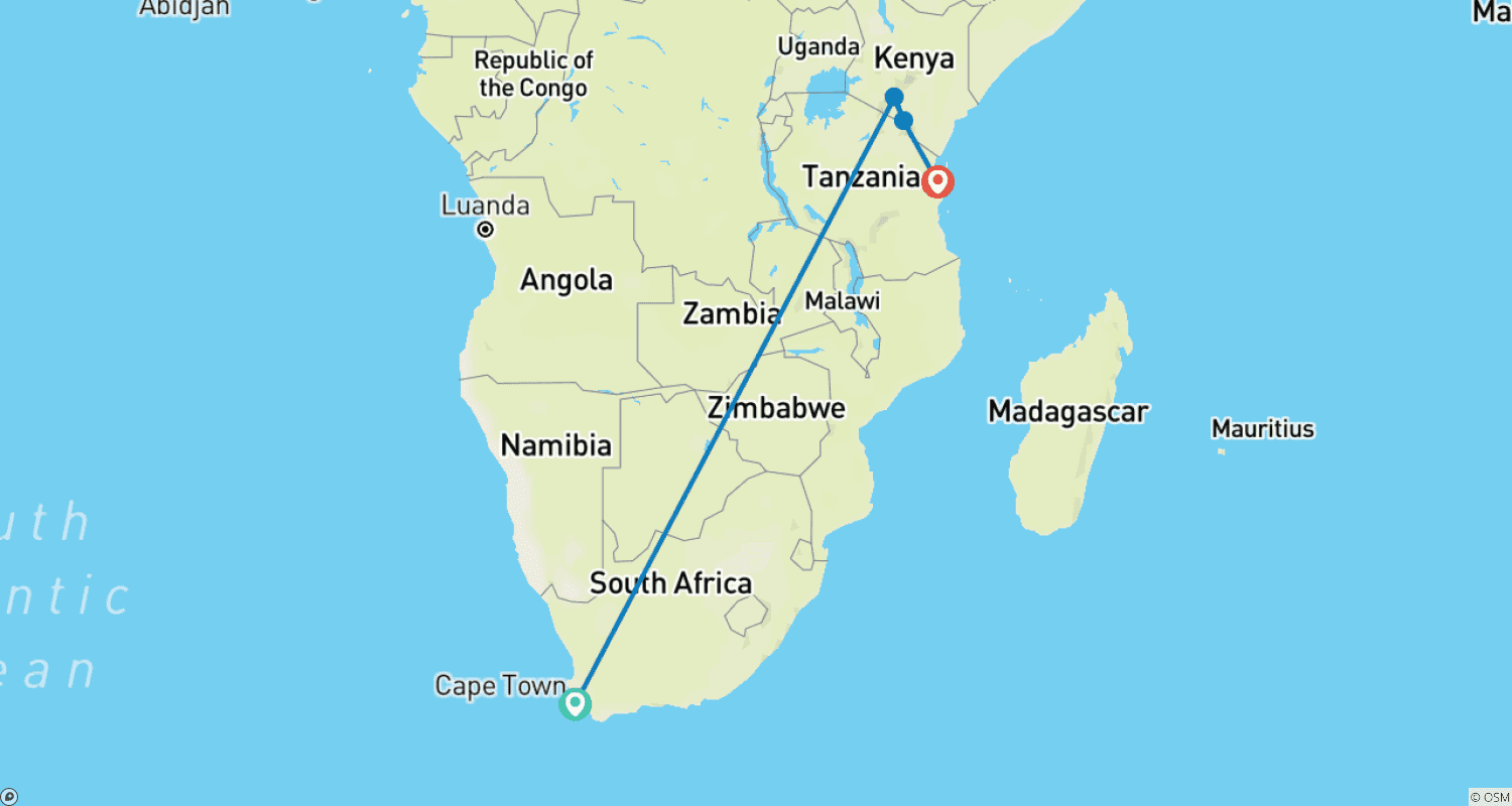 Mapa do percurso de Cidade do Cabo, Quênia e Zanzibar: De Noites de Safari a Vibrações de Ilha