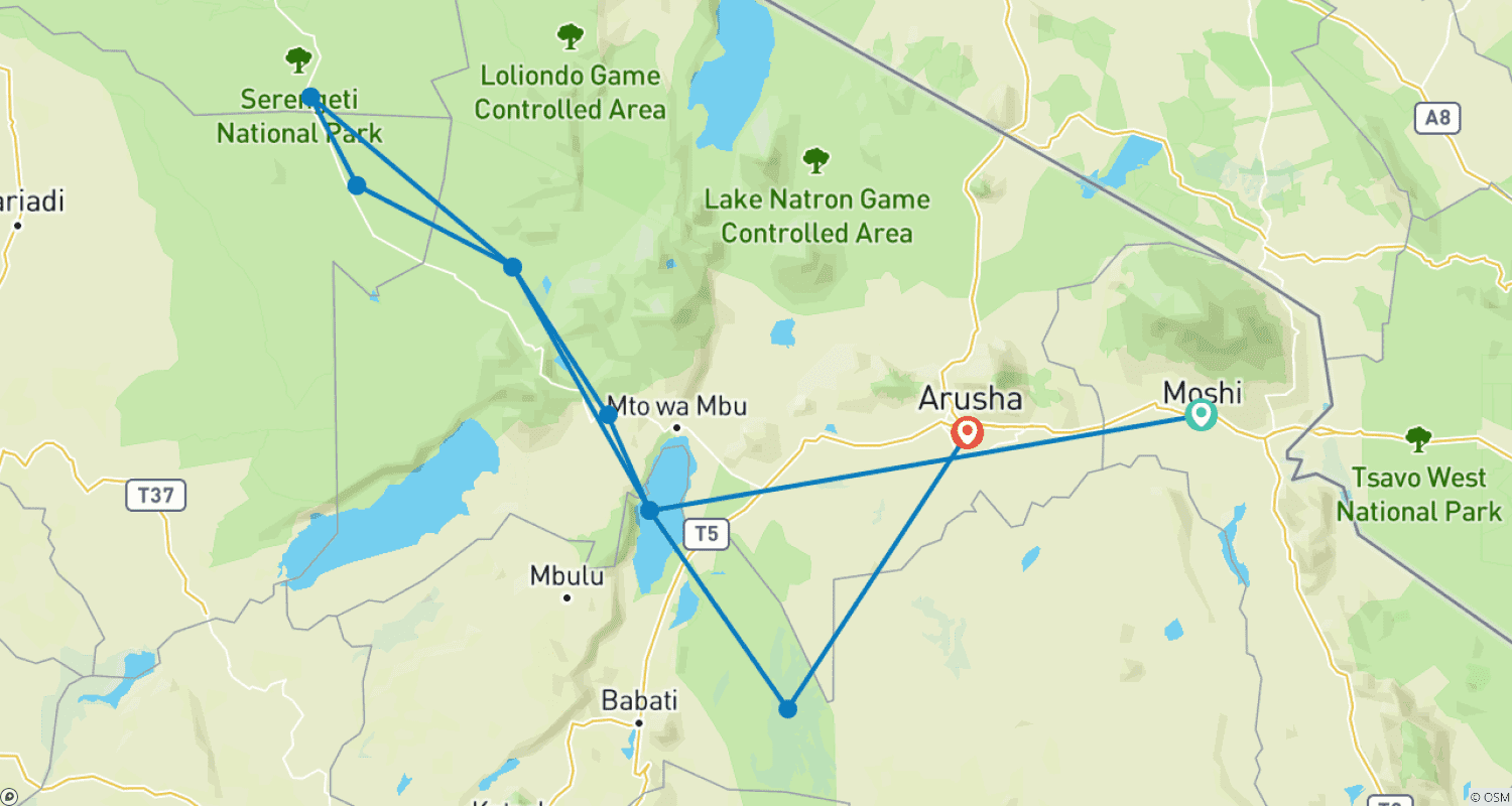 Tanzania 5 Days - Unique Wildlife Experiencesのルートマップ