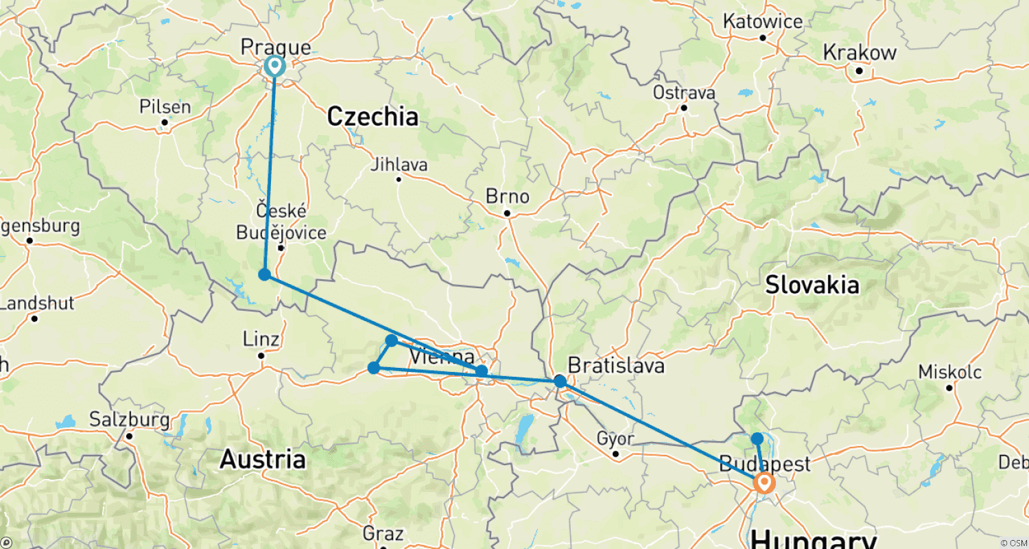 Mapa do percurso de Cidades Imperiais apresentando Praga, Viena e Budapeste (De Praga a Budapeste) (2025)